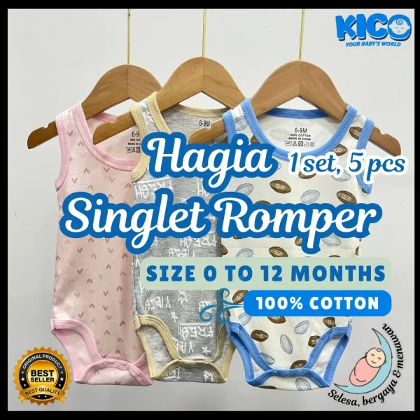 Hagia Singlet Romper - 5 Helai | Saiz 3-6 Bulan | Boy & Girl